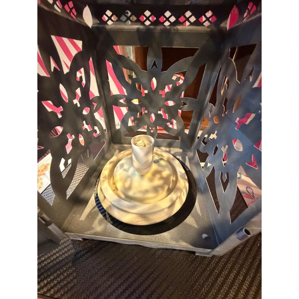 Pink Zebra Simmering Light Lantern Distressed Gray Metal Floral Butterfly 14in